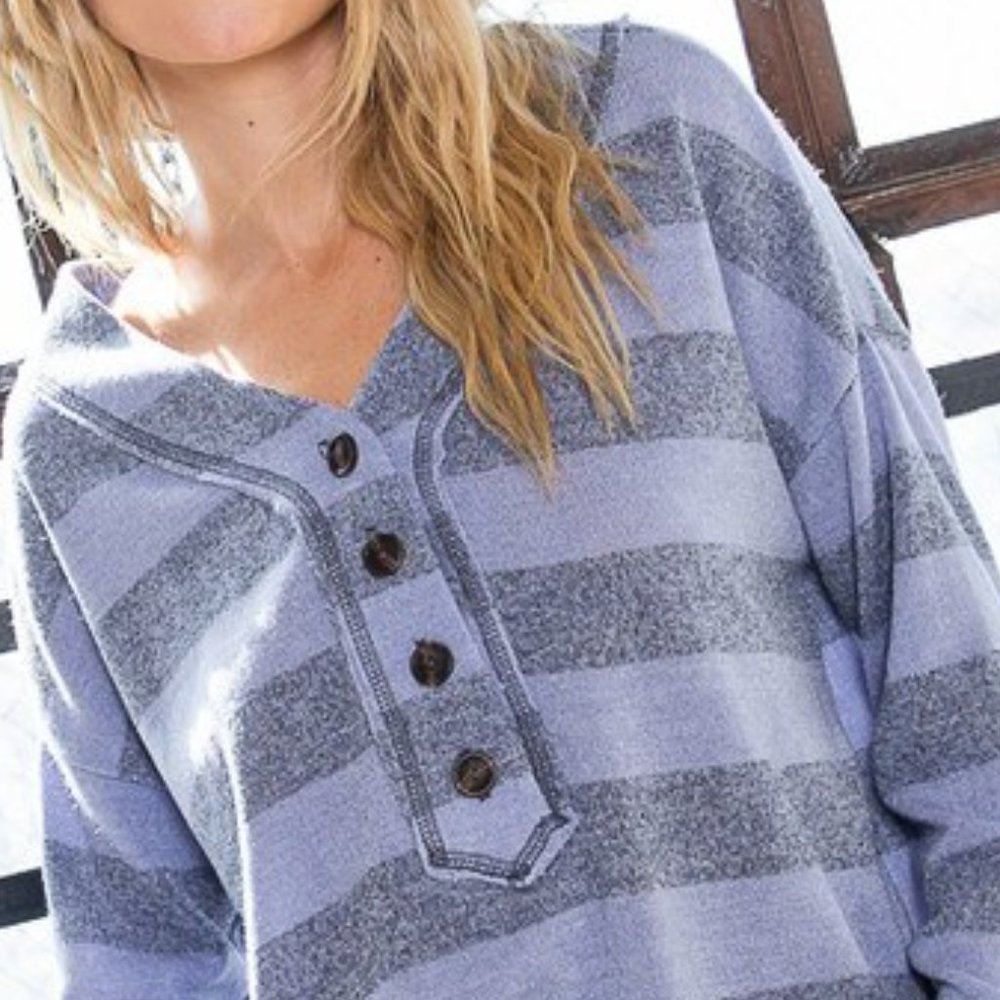 Turkish Blue Striped Button Down Henley Top - Picture 6 of 7